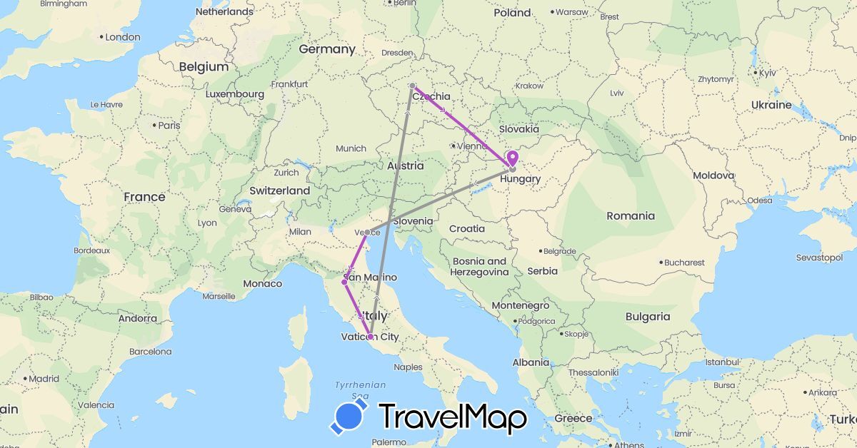 TravelMap itinerary: driving, plane, train in Czech Republic, Hungary, Italy (Europe)